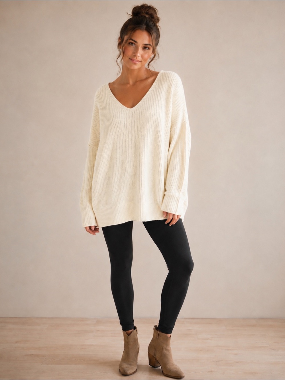 RDI Ivory Oversized V Neck Knit Sweater Tunic Size Large Cozy Minimalist